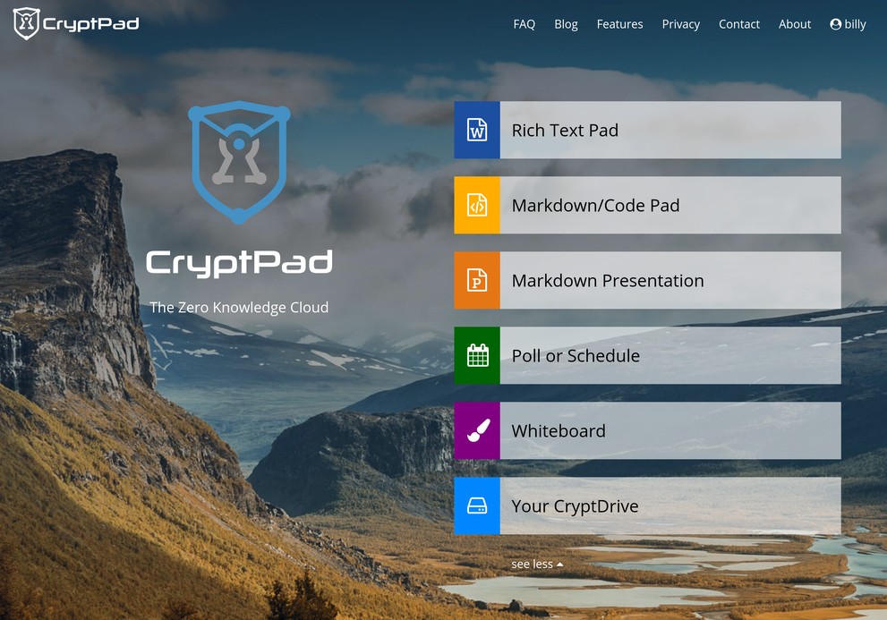 screenshot of the CryptPad 2.0.0 homepage