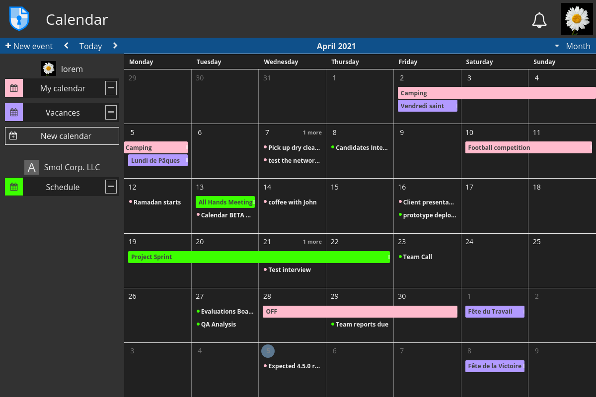 The calendar application shown in dark mode, now ready for public use!