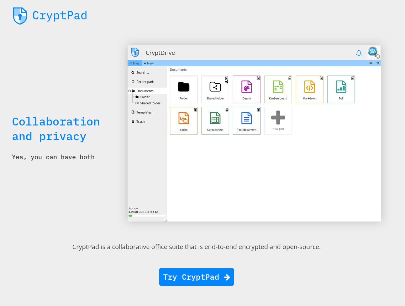 Screenshot of the updated project site. Clicking "Try CryptPad" takes visitors to the public instance list